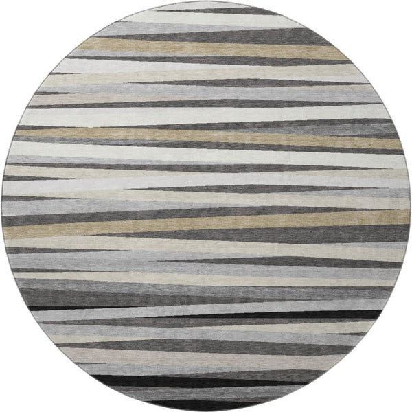 HomeRoots 8' Gray-Silver and Beige Striped Round Rug - Washable, UV-Protected, Durable for Active Homes 678487