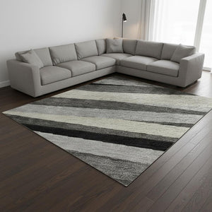 HomeRoots 8' X 10' Gray Silver & Beige Striped Washable Area Rug - UV Protected, Stain-Resistant & Stylish 678488