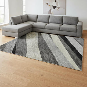 HomeRoots 9' X 12' Stylish Gray-Silver & Beige Striped Washable Area Rug with UV Protection for Easy Care 678489