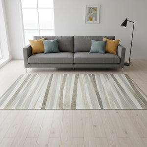 HomeRoots 5' X 8' Washable Ivory Beige Taupe Striped Area Rug - UV Protected, Stain Resistant, & Family-Friendly 678492