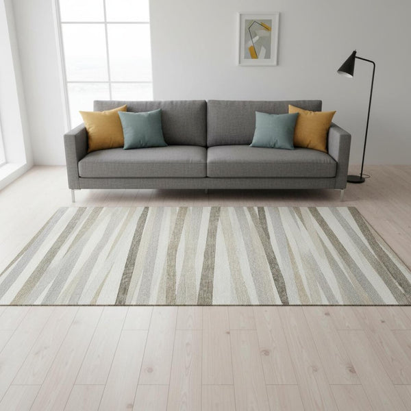 HomeRoots 5' X 8' Washable Ivory Beige Taupe Striped Area Rug - UV Protected, Stain Resistant, & Family-Friendly 678492