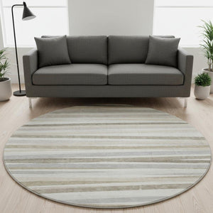 HomeRoots 8' Striped Washable Round Rug in Ivory, Beige & Taupe - UV Protected, Stain Resistant, Durable Design 678493