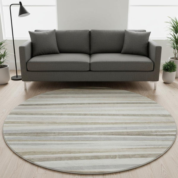 HomeRoots 8' Striped Washable Round Rug in Ivory, Beige & Taupe - UV Protected, Stain Resistant, Durable Design 678493