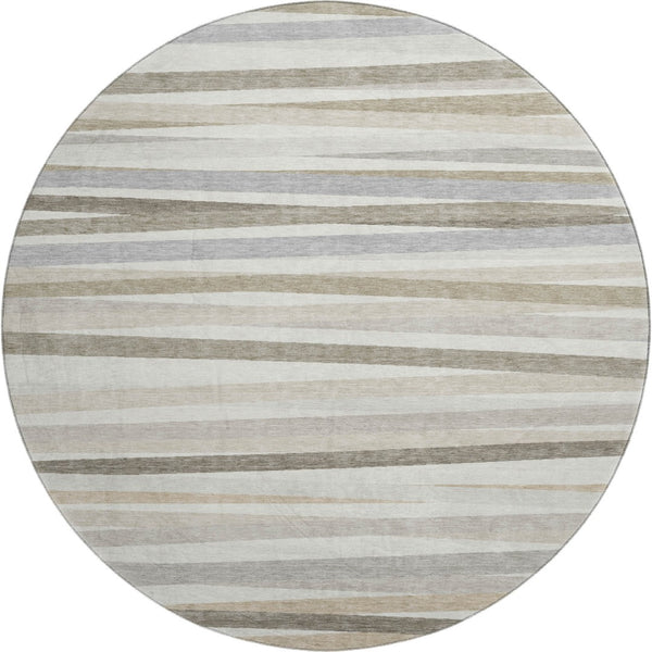 HomeRoots 8' Striped Washable Round Rug in Ivory, Beige & Taupe - UV Protected, Stain Resistant, Durable Design 678493
