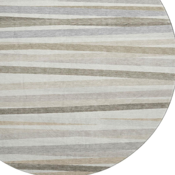 HomeRoots 8' Striped Washable Round Rug in Ivory, Beige & Taupe - UV Protected, Stain Resistant, Durable Design 678493