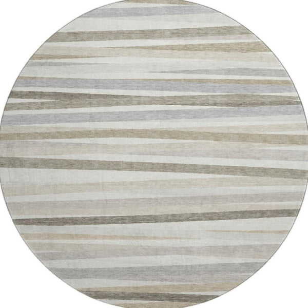 HomeRoots 8' Striped Washable Round Rug in Ivory, Beige & Taupe - UV Protected, Stain Resistant, Durable Design 678493