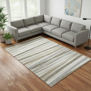 HomeRoots 8' X 10' Soft Ivory Beige Taupe Striped Washable Area Rug with UV Protection for High-Traffic Rooms 678494