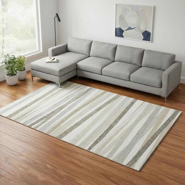 HomeRoots 9' X 12' Striped Ivory Beige Taupe Washable Area Rug – Durable, UV Protected & Easy Care Design 678495