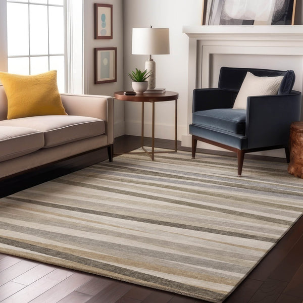 HomeRoots 9' X 12' Striped Ivory Beige Taupe Washable Area Rug – Durable, UV Protected & Easy Care Design 678495
