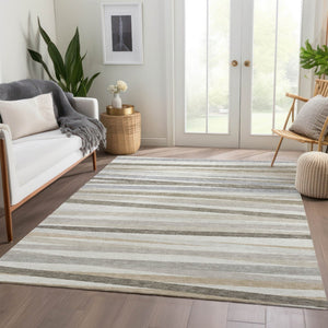 HomeRoots 9' X 12' Striped Ivory Beige Taupe Washable Area Rug – Durable, UV Protected & Easy Care Design 678495