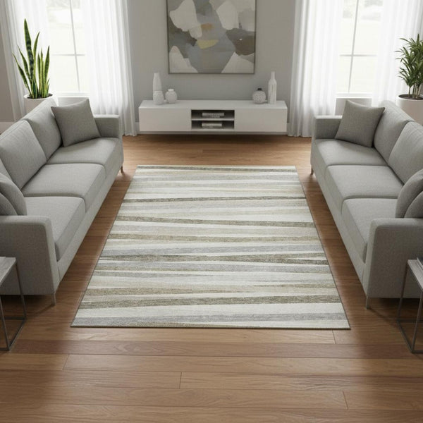 HomeRoots 10' Striped Washable Area Rug in Ivory, Beige & Taupe - UV Protected, Stain Resistant & Stylish Design 678496