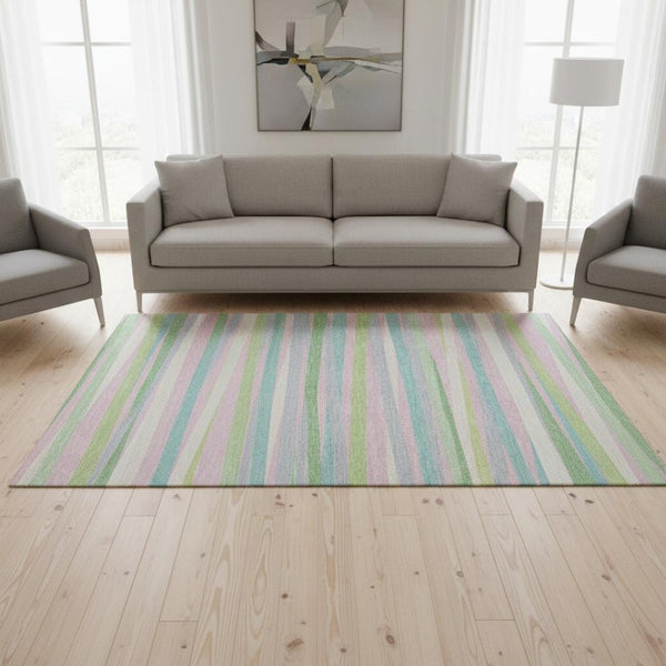 HomeRoots 5' Mint Green, Pink & Teal Striped Washable Area Rug - UV Protected, Stain Resistant & Durable Design 678498