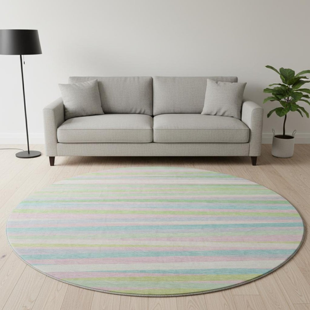 HomeRoots 8' Mint Green, Pink & Teal Striped Washable Round Rug – UV Protected, Durable & Easy-Care Design 678499