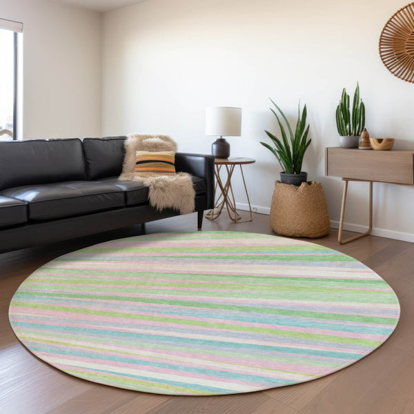 HomeRoots 8' Mint Green, Pink & Teal Striped Washable Round Rug – UV Protected, Durable & Easy-Care Design 678499