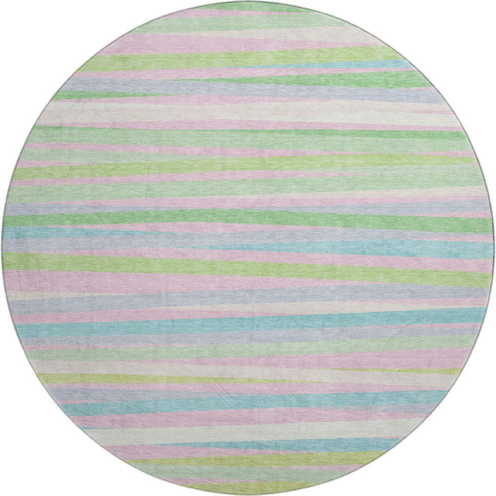 HomeRoots 8' Mint Green, Pink & Teal Striped Washable Round Rug – UV Protected, Durable & Easy-Care Design 678499