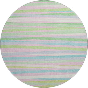 HomeRoots 8' Mint Green, Pink & Teal Striped Washable Round Rug – UV Protected, Durable & Easy-Care Design 678499