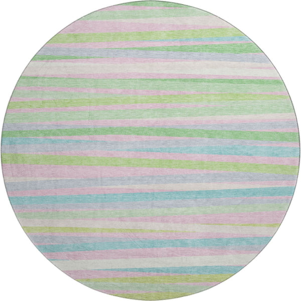 HomeRoots 8' Mint Green, Pink & Teal Striped Washable Round Rug – UV Protected, Durable & Easy-Care Design 678499