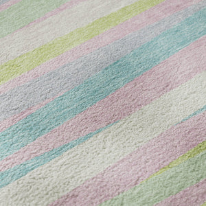 HomeRoots 8' Mint Green, Pink & Teal Striped Washable Round Rug – UV Protected, Durable & Easy-Care Design 678499