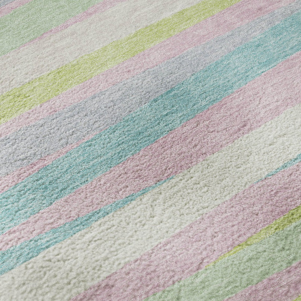 HomeRoots 8' Mint Green, Pink & Teal Striped Washable Round Rug – UV Protected, Durable & Easy-Care Design 678499