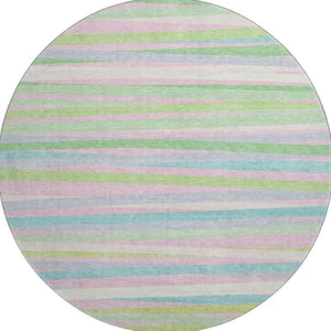 HomeRoots 8' Mint Green, Pink & Teal Striped Washable Round Rug – UV Protected, Durable & Easy-Care Design 678499