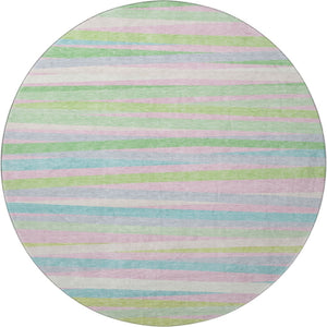 HomeRoots 8' Mint Green, Pink & Teal Striped Washable Round Rug – UV Protected, Durable & Easy-Care Design 678499