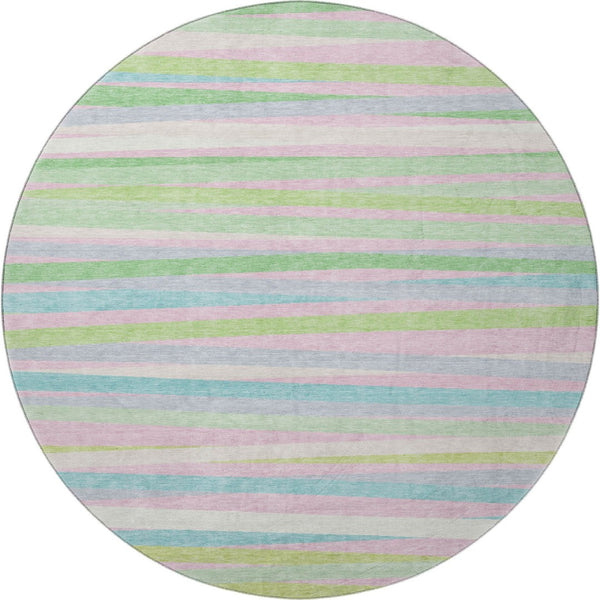 HomeRoots 8' Mint Green, Pink & Teal Striped Washable Round Rug – UV Protected, Durable & Easy-Care Design 678499