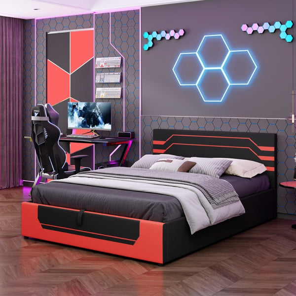 English Elm Modern Cyberpunk Queen Platform Bed Hydraulic Storage Pu Upholstered Gaming Frame Black+Red SF000205AAJ