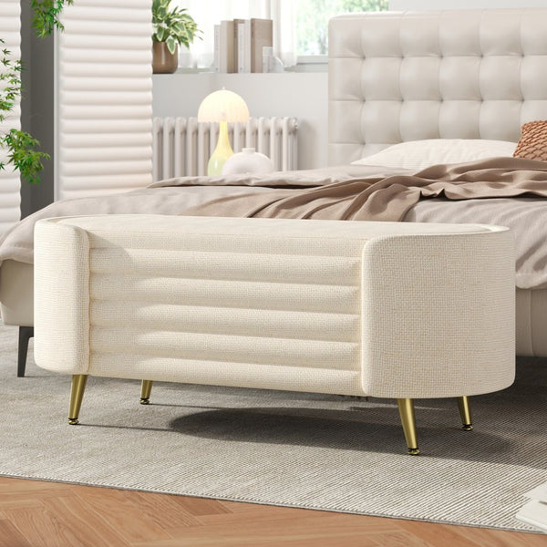 English Elm Modern Boucle Tufted Storage Ottoman Bench with Gold Legs for Bedroom or Entryway Beige N719P305628A