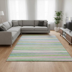 HomeRoots 8' X 10' Washable Area Rug in Mint Green, Pink & Teal Stripes – UV Protected, Durable & Stylish! 678500