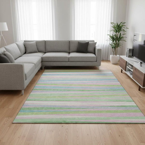 HomeRoots 8' X 10' Washable Area Rug in Mint Green, Pink & Teal Stripes – UV Protected, Durable & Stylish! 678500