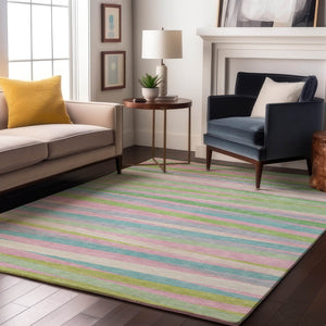 HomeRoots 8' X 10' Washable Area Rug in Mint Green, Pink & Teal Stripes – UV Protected, Durable & Stylish! 678500
