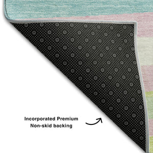 HomeRoots 8' X 10' Washable Area Rug in Mint Green, Pink & Teal Stripes – UV Protected, Durable & Stylish! 678500