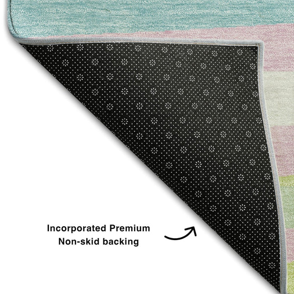 HomeRoots 8' X 10' Washable Area Rug in Mint Green, Pink & Teal Stripes – UV Protected, Durable & Stylish! 678500