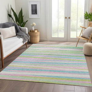 HomeRoots 8' X 10' Washable Area Rug in Mint Green, Pink & Teal Stripes – UV Protected, Durable & Stylish! 678500