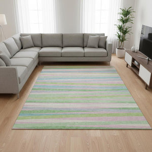 HomeRoots 9' X 12' Vibrant Mint Green, Pink & Teal Striped Washable Area Rug with Stain & UV Protection 678501