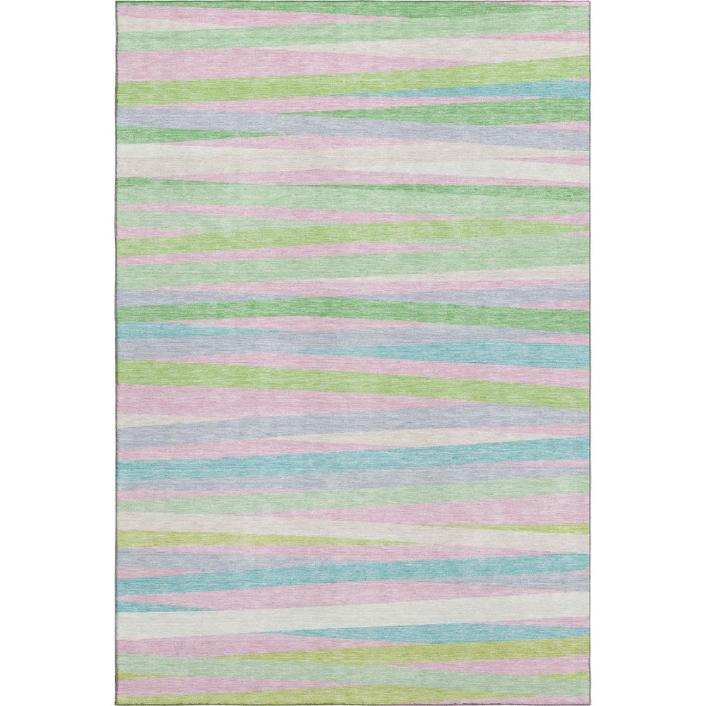 HomeRoots 9' X 12' Vibrant Mint Green, Pink & Teal Striped Washable Area Rug with Stain & UV Protection 678501