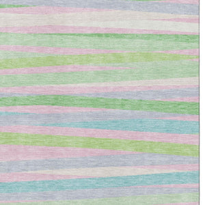 HomeRoots 9' X 12' Vibrant Mint Green, Pink & Teal Striped Washable Area Rug with Stain & UV Protection 678501