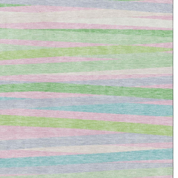 HomeRoots 9' X 12' Vibrant Mint Green, Pink & Teal Striped Washable Area Rug with Stain & UV Protection 678501