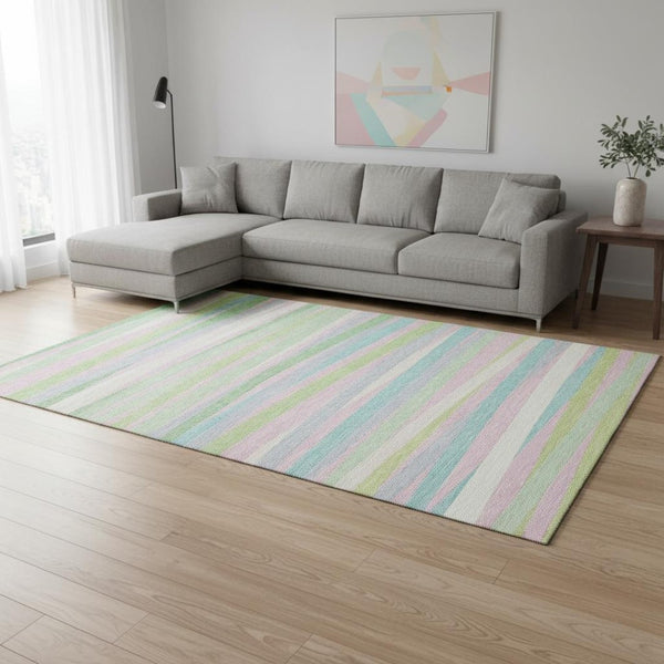 HomeRoots 10' X 14' Stylish Mint Green, Pink & Teal Striped Washable Area Rug with UV Protection for Homes 678502
