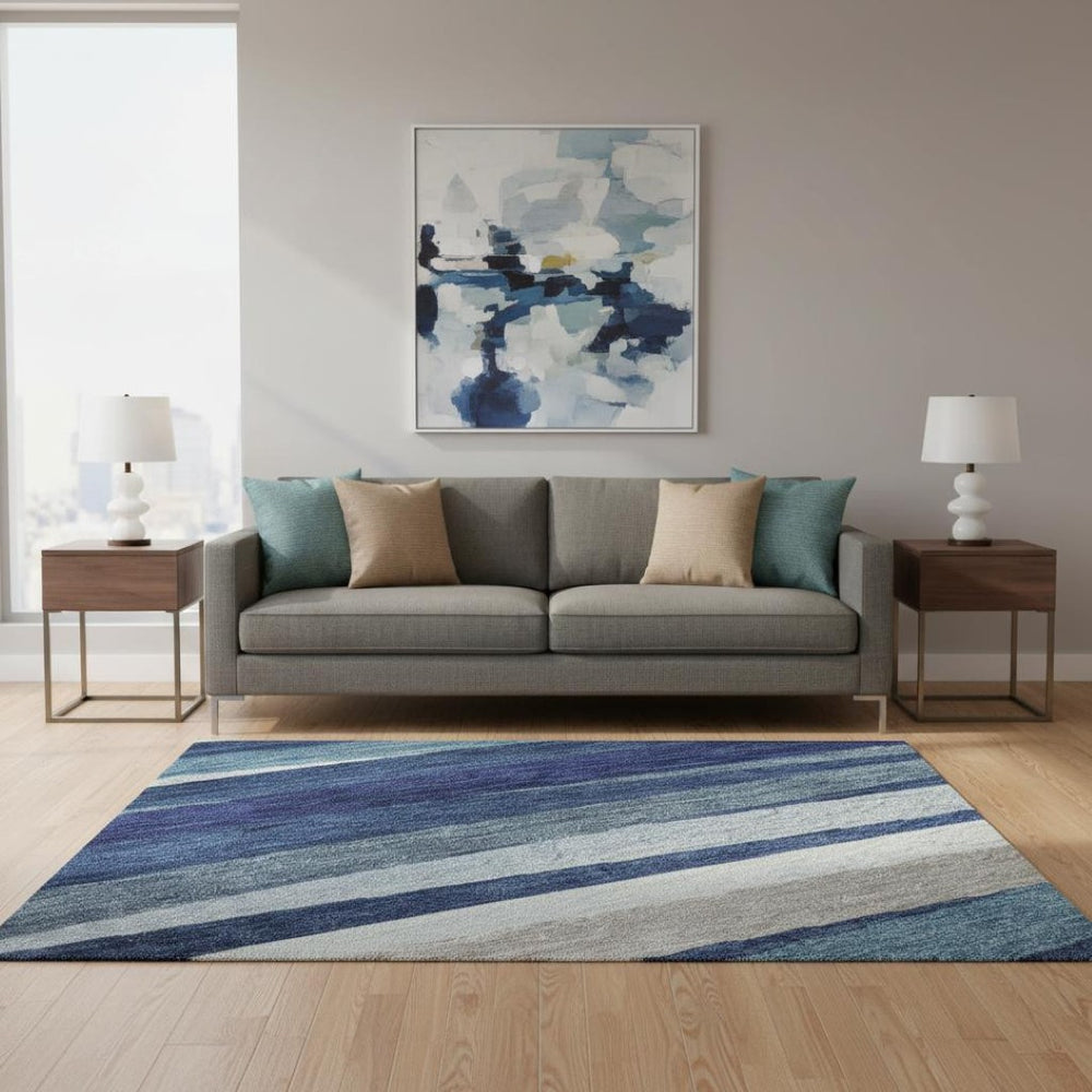 HomeRoots 5' X 8' Navy Blue Ivory & Gray Striped Washable Area Rug with UV Protection for High-Traffic Homes 678504