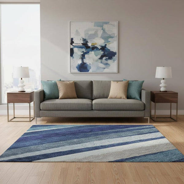 HomeRoots 5' X 8' Navy Blue Ivory & Gray Striped Washable Area Rug with UV Protection for High-Traffic Homes 678504