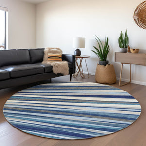HomeRoots 8' Stylish Navy, Ivory & Gray Striped Washable Round Rug with UV Protection for Indoor & Outdoor Use 678505