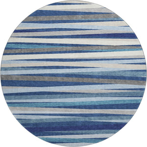 HomeRoots 8' Stylish Navy, Ivory & Gray Striped Washable Round Rug with UV Protection for Indoor & Outdoor Use 678505