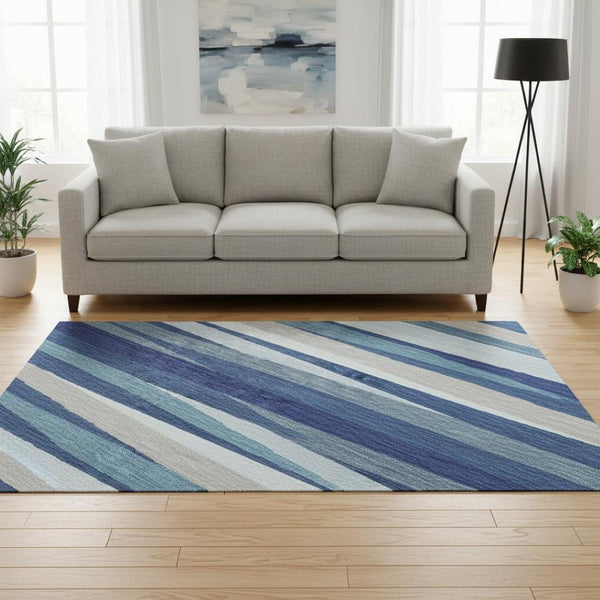 HomeRoots 8' Stylish Navy, Ivory & Gray Striped Washable Round Rug with UV Protection for Indoor & Outdoor Use 678505