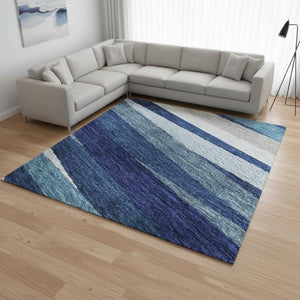 HomeRoots 8' X 10' Washable Navy Blue, Ivory & Gray Striped Area Rug with UV Protection for High-Traffic Spaces 678506