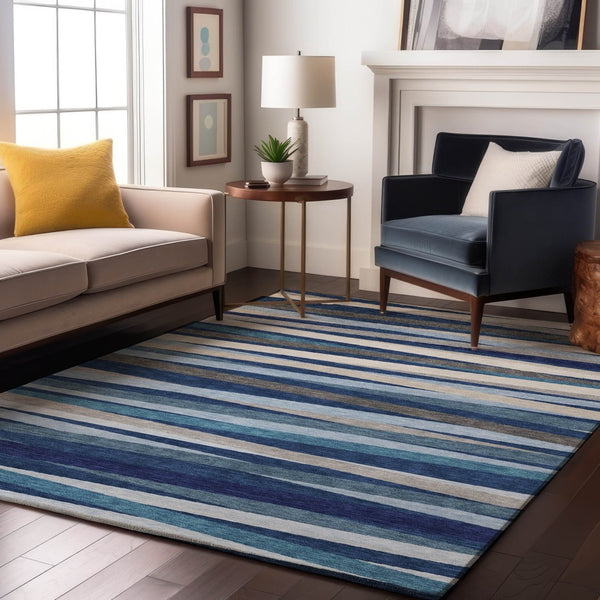 HomeRoots 9' X 12' Navy Blue Ivory Gray Striped Area Rug - Washable, Stain Resistant with UV Protection! 678507