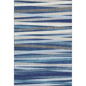 HomeRoots 9' X 12' Navy Blue Ivory Gray Striped Area Rug - Washable, Stain Resistant with UV Protection! 678507