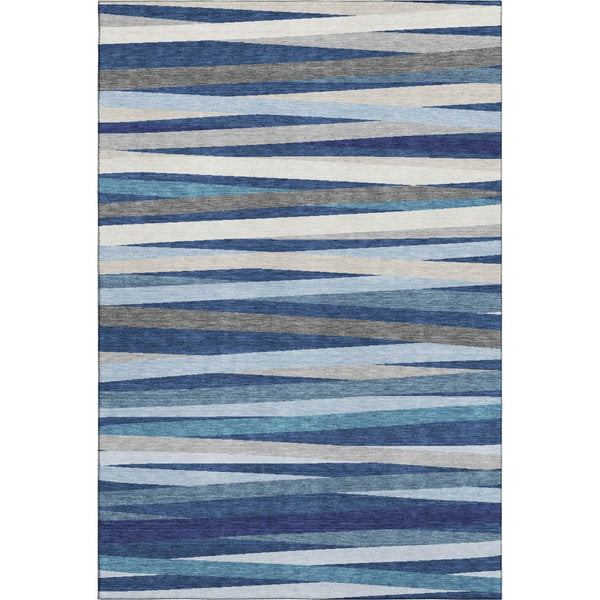 HomeRoots 9' X 12' Navy Blue Ivory Gray Striped Area Rug - Washable, Stain Resistant with UV Protection! 678507