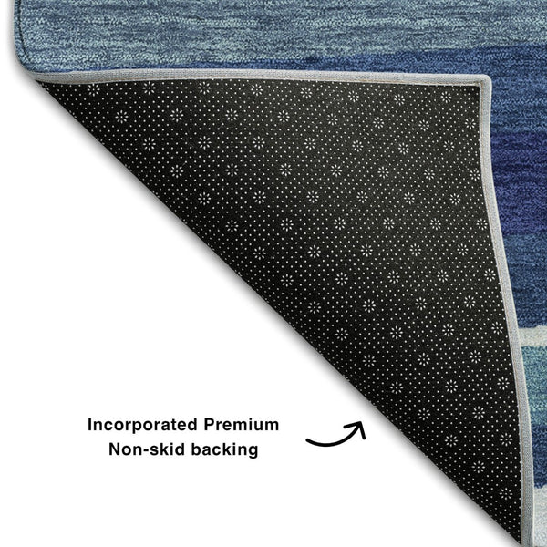 HomeRoots 9' X 12' Navy Blue Ivory Gray Striped Area Rug - Washable, Stain Resistant with UV Protection! 678507