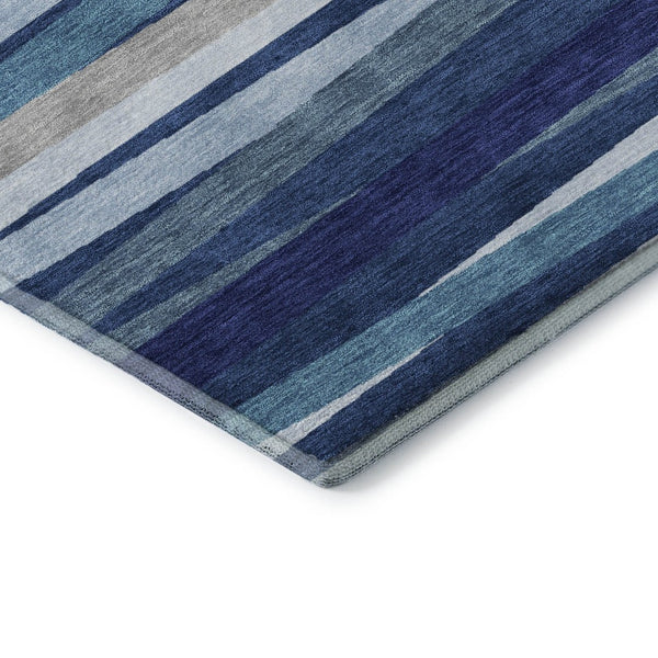 HomeRoots 9' X 12' Navy Blue Ivory Gray Striped Area Rug - Washable, Stain Resistant with UV Protection! 678507